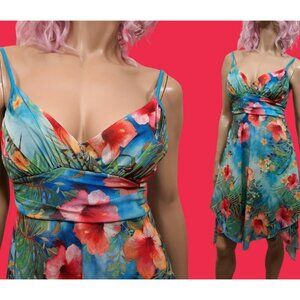 90s Y2K Tropical Floral Mesh Dress Size L Sleeveless Spaghetti Strap V Neck